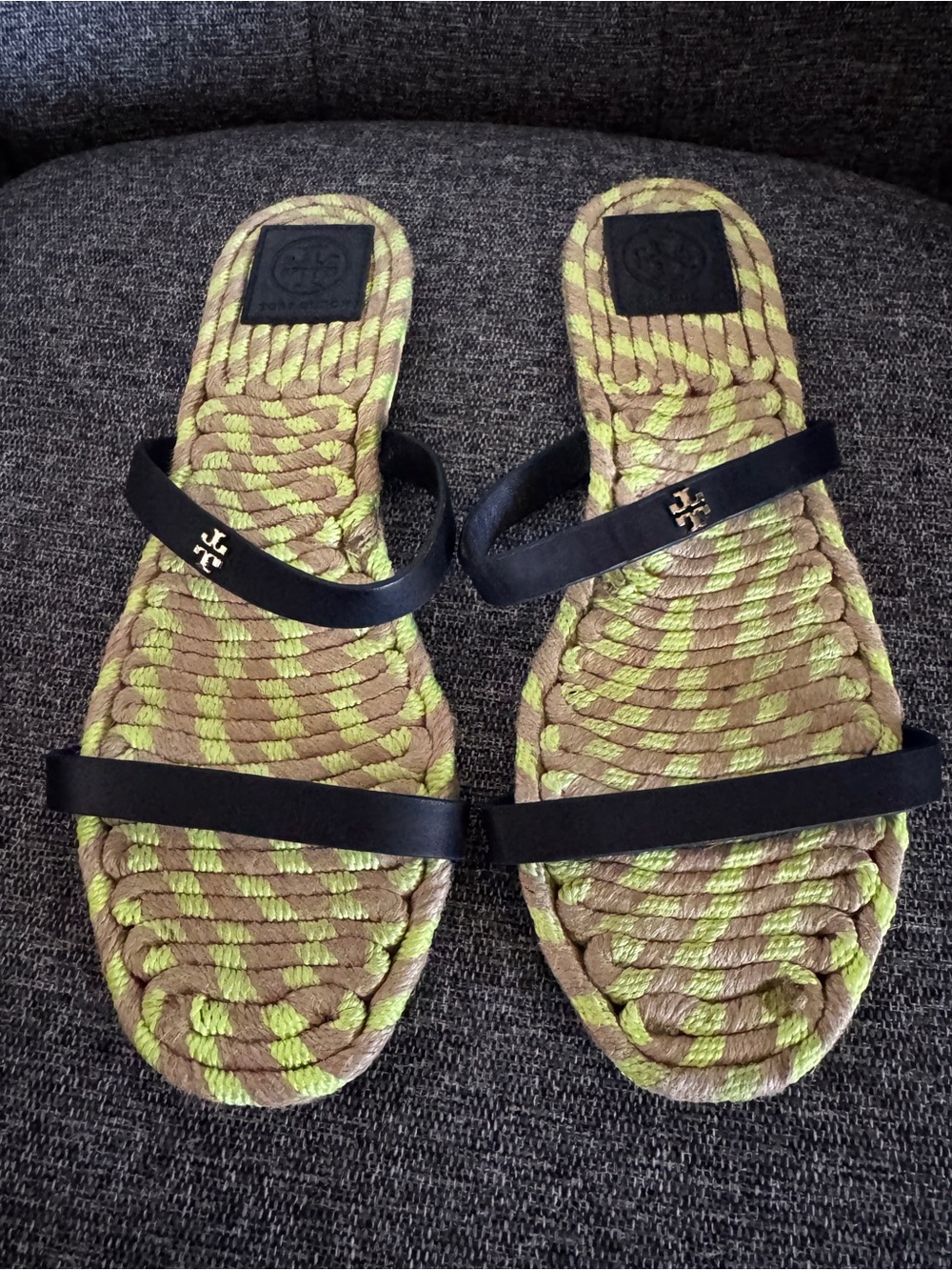 Tory Burch Black Strap Rope Slide Sandals - Green/Tan